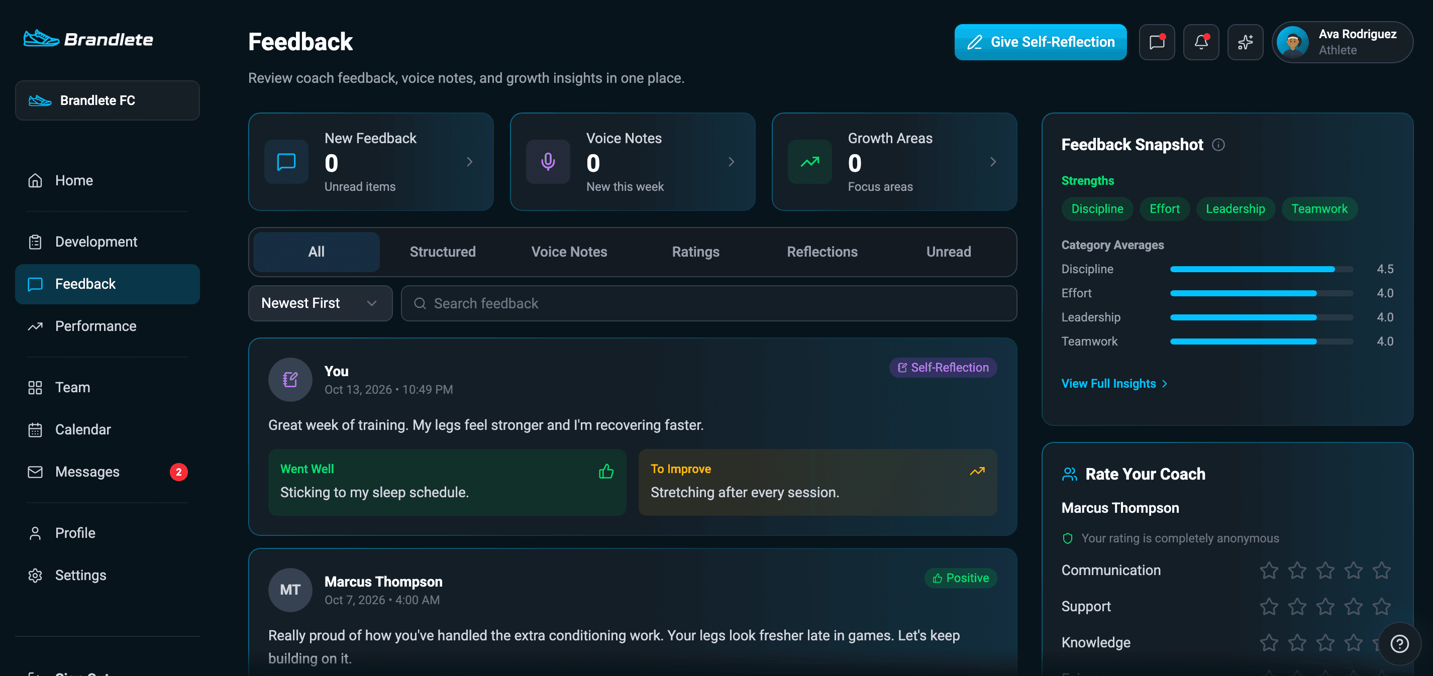 Brandlete athlete Feedback page showing coach feedback, self-reflection, category ratings, and a coach rating panel.
