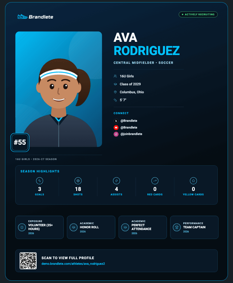 Brandlete shareable athlete player card showing season highlights, achievements, and a QR code linking to the full profile.