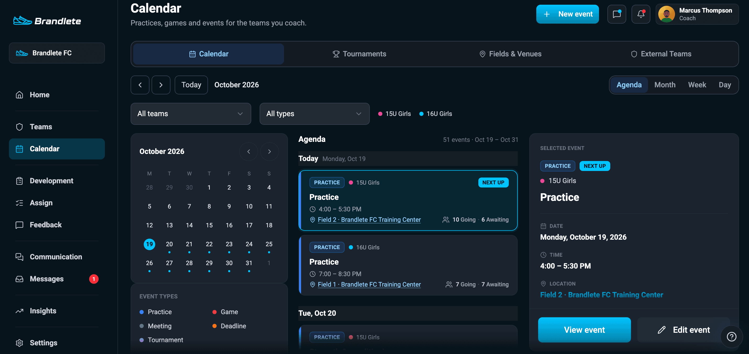 Brandlete coach calendar showing practices and games across multiple teams with event RSVPs and venue details.