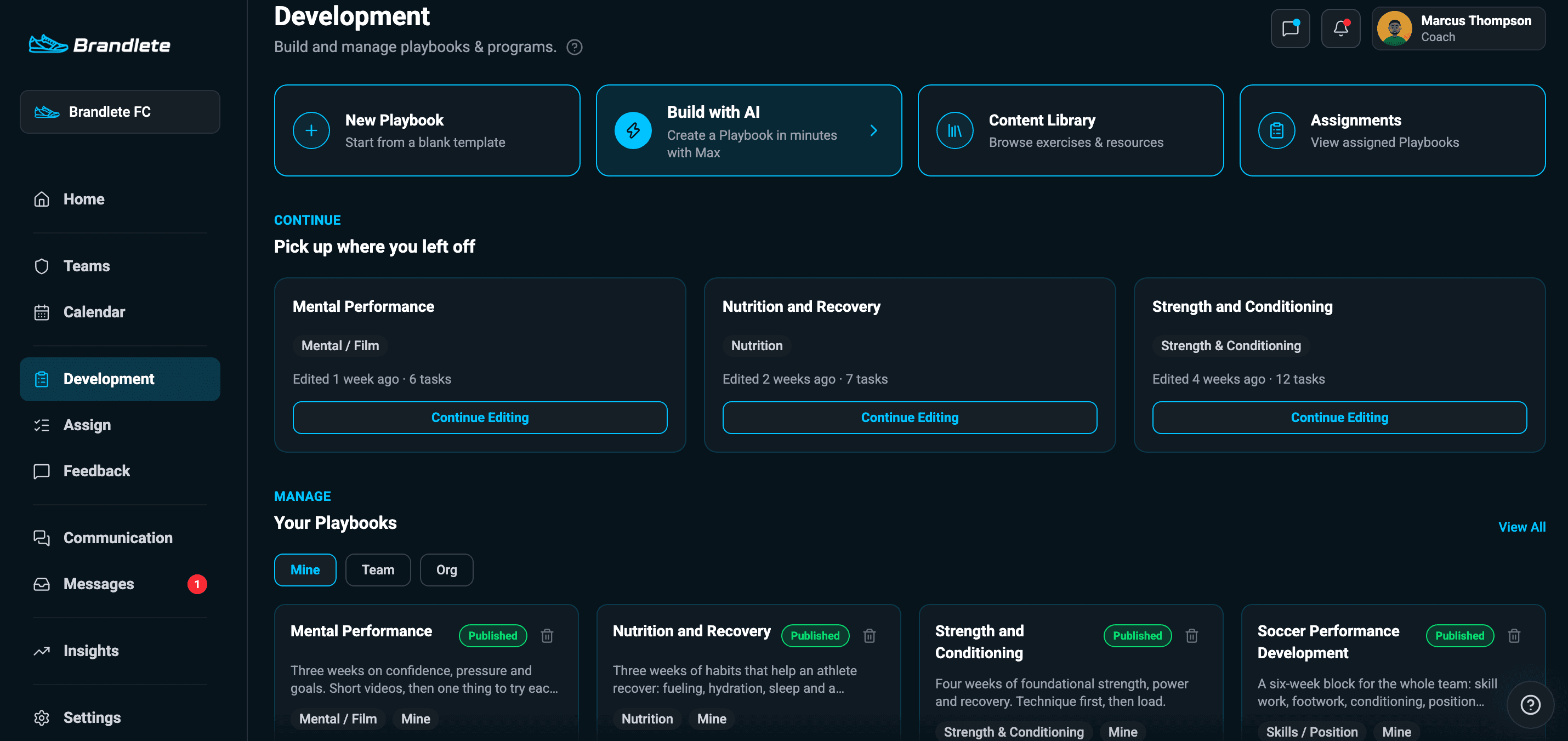 Brandlete coach Development hub showing active playbooks like Mental Performance and Nutrition and Recovery, with Build with AI and Content Library tools.