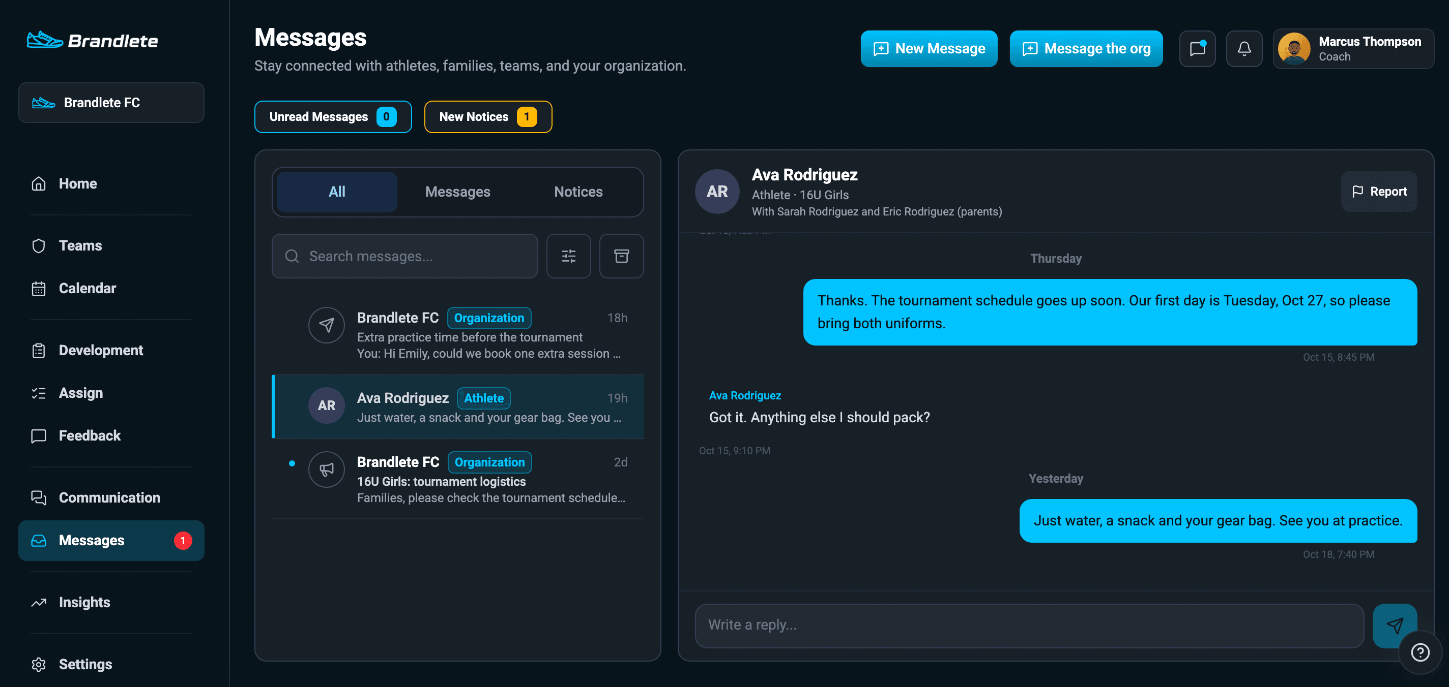 Brandlete coach messages inbox showing a threaded conversation with an athlete and parents about tournament logistics.