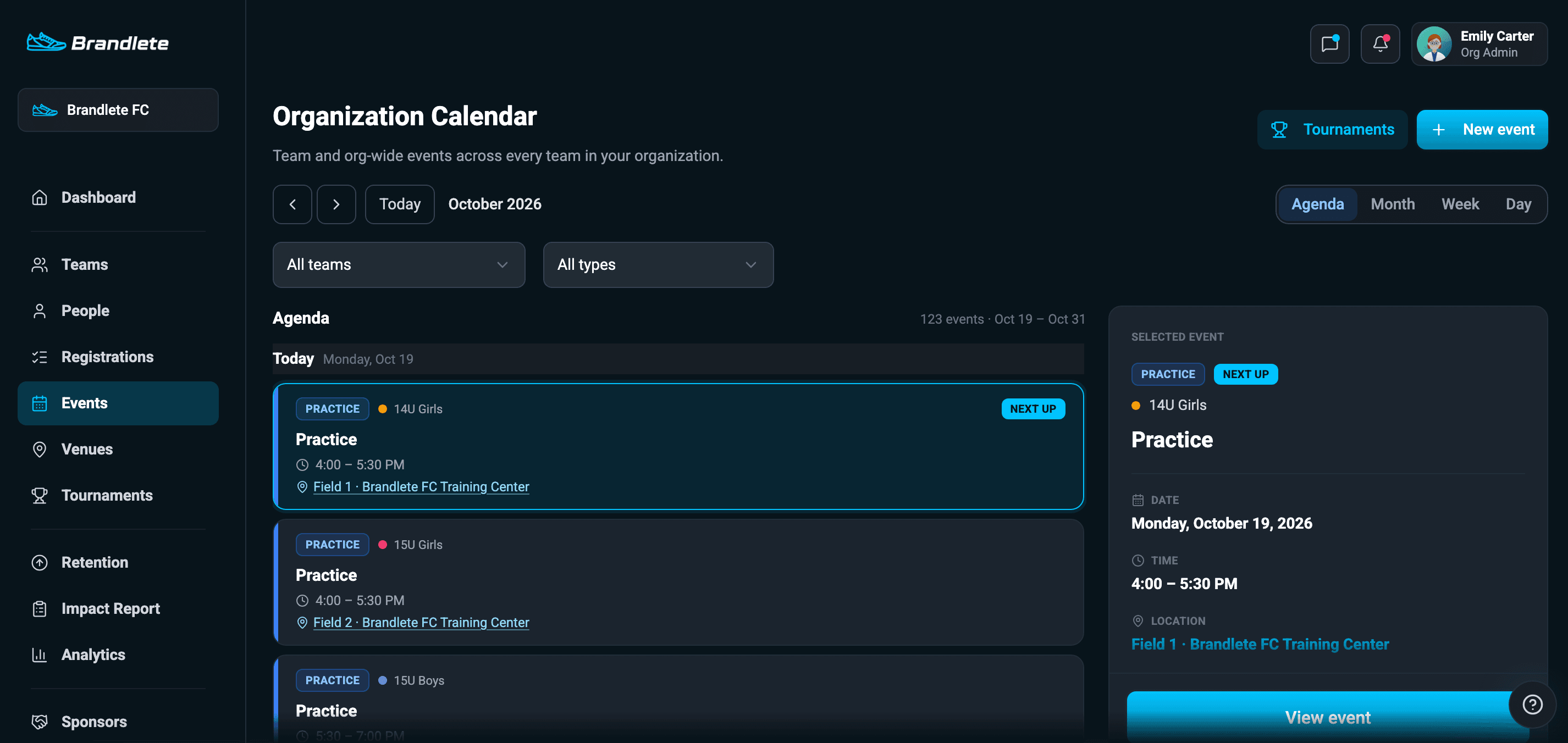 Brandlete Organization Calendar showing team and org-wide events across every team, with a selected practice event's details, location, and attendance.