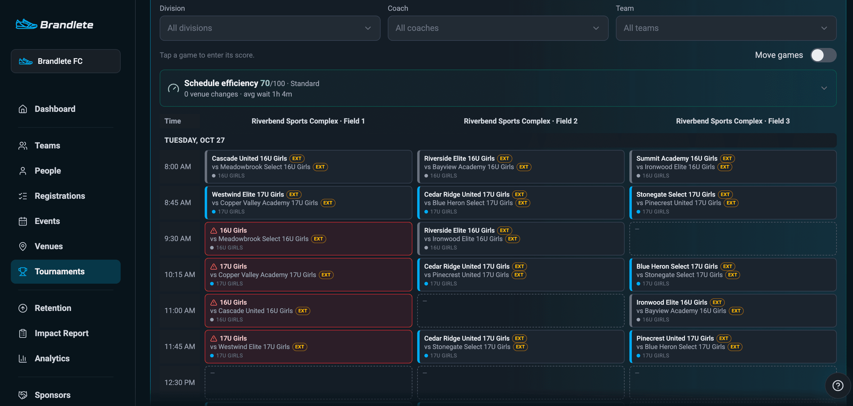 Brandlete Tournament Director schedule grid across three fields, with a live schedule-efficiency score and a scheduling conflict flagged and highlighted for review.