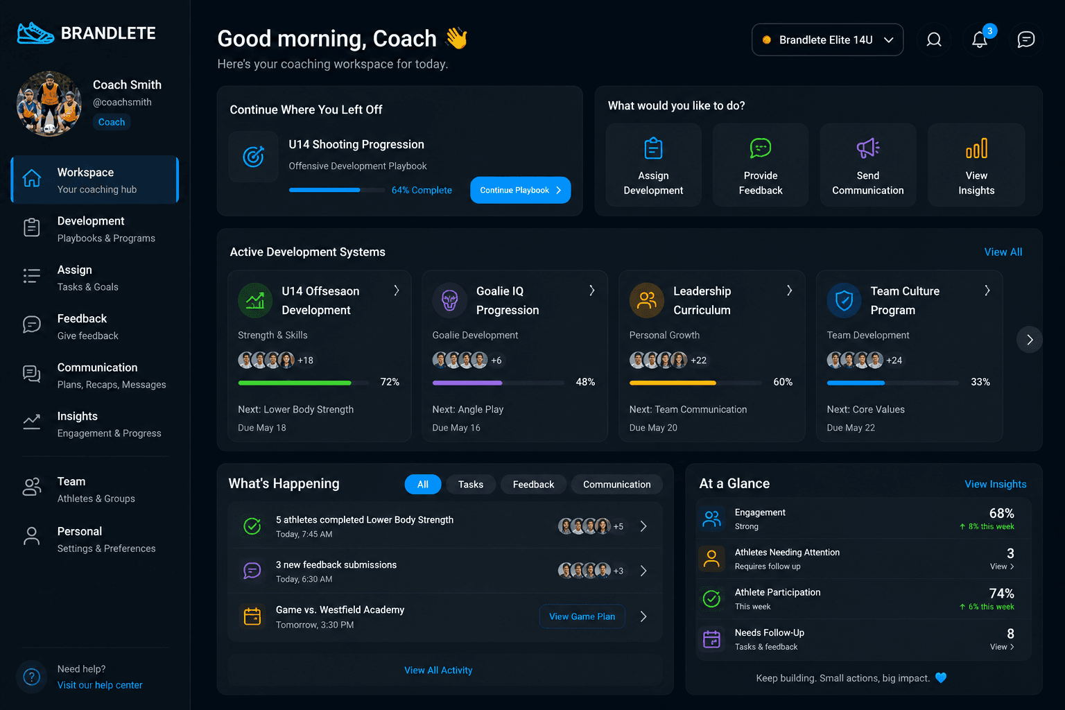 The Brandlete Coach Hub, showing active development systems and roster-wide progress at a glance.