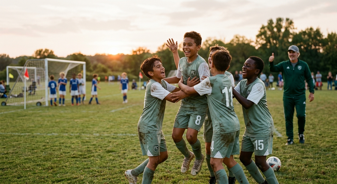 Youth club soccer players celebrating a goal at golden hour.