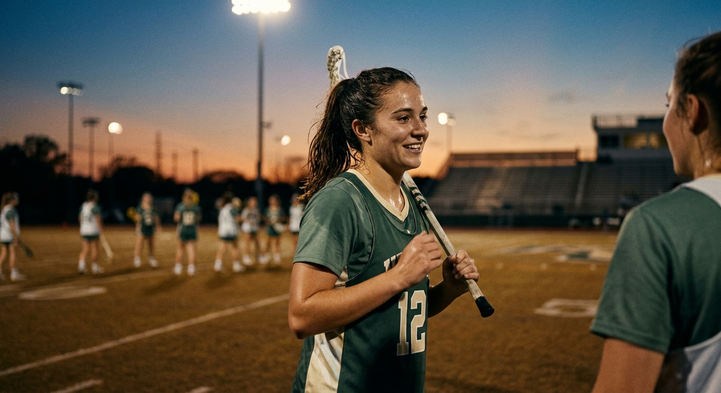 College lacrosse player jogging off the field at dusk.