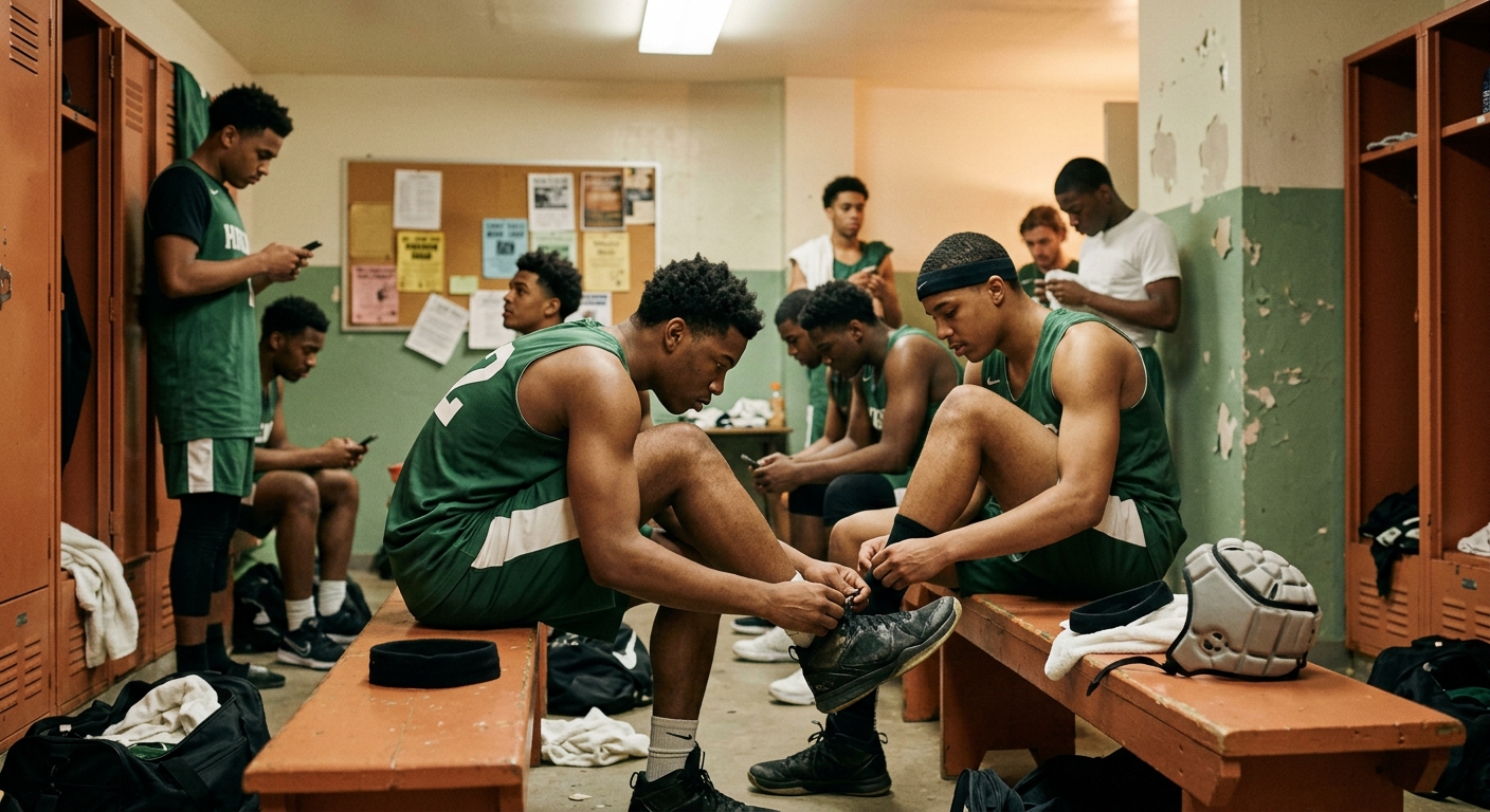 High school varsity basketball team preparing in the locker room.